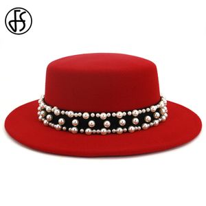 FS Pearl Ribbon Vintage Wide Brim Felt ull Fedora Hat Kvinnor Flat Top Jazz Round Caps Bowler Elegant Lady Church Hats Svart Red Y0910