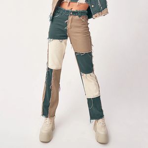 اللون كتلة عالية الخصر المرأة جينز مع جيوب أزياء الشارع الشهير سليم السيدات خمر بنطلون سكيني جينز جان السراويل