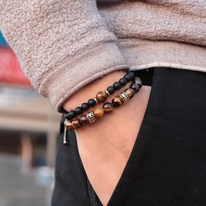 Charm Armband Noter 2st/par Mens Armband Natural Tiger Eye Pärlor Braslet Luxury Zirconia Strand Brazalete Man Accessories Boyfriend GI