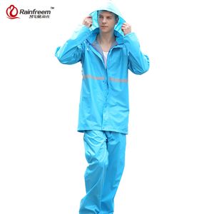 Rainfreem Atmungsaktiver, undurchlässiger Regenmantel für Damen/Herren, Anzug, Regenmantel + Hose, 2-teiliges Set, Damen-Regenmäntel, Motorrad-Regenausrüstung, Poncho 201015