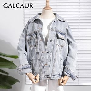 Galcaur летняя повседневная твердая джинсовая куртка для женщин отворота с длинным рукавом свободная кнопка пальто женская мода одежда новая прилив 201112