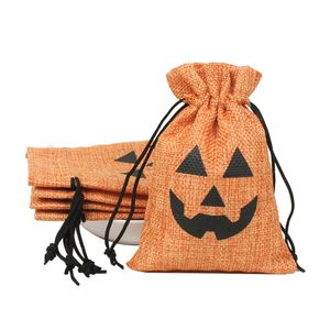 Cordão de linho Sacos de presente de festa de Halloween com design bonito Sacos de embalagem de linho de impressão de presente Saco de bolsa de presente Sacos de pano de serapilheira