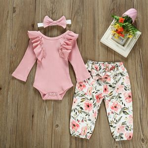 Осень новорожденного девочка одежда набор розовых оборками вязаный длинный рукав ползунки цветочные брюки оголовье младенческая одежда одежды LJ201223