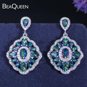 Dangle Avize Beaqueen Fantezi Kadınlar Mavi Yeşil Renkli Kübik Zirkon Gökkuşağı Büyük Asılı Damla Küpe Bildirimi Jewlery Aksesuarları