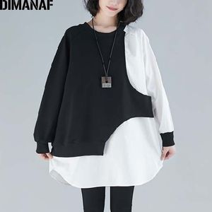 Dimanaf Plus Размер женщины футболки леди топы тройники рубашки базовый свободный с длинным рукавом туника твердая сплещенная черная весенняя женская одежда 201028