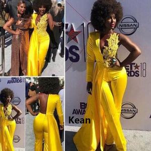 Yellow Fashion Evening Jumpsuit with Long Sleeve Lace Stain Sexy V-neck African Plus Size Prom Dress with Pant Suit