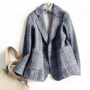 Mulheres lã blazer 80% lã 20% poli xadrez escritório senhora blazer botão único dois bolso jaqueta primavera outono casaco de lã fêmea K276 201201