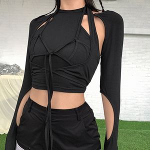 Gotik kadın Hollow T-shirt 2 Parça Kırpma Tops Yaz Siyah Punk Bandaj Püskül Üst Yüksek Streetwear Parti Üst Pamuk Tees Kadın