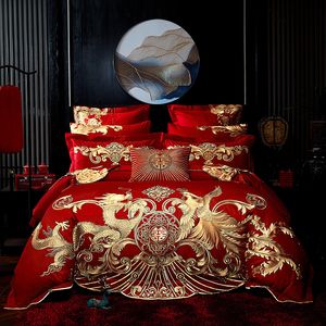 جديد الأحمر الفاخرة الذهب فينيكس لونونغ التطريز الصينية الزفاف 100٪ القطن الفراش مجموعة حاف غطاء السرير ورقة السرير المفرش pillowcases T200706