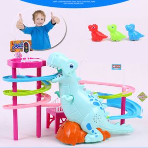 Brandneue elektrische Rutsche Triebwagen Spur Spielzeug 3-6 Jahre alt Dinosaurier Klettern Treppen Musik Licht Spielen Interaktive Lernspielzeug LJ201105