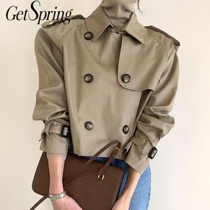 Getspring mulheres trench casaco retro khaki mulheres windbreaker duplo breasted mulheres curtas casacos solto casual trincheira outono novo 201111