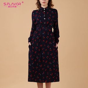 S.Flavor المرأة طويلة الأكمام طباعة قميص اللباس أنيقة بدوره أسفل الياقة عارضة الخريف الشتاء فساتين ضئيلة ميدي حزب vestidos 201027