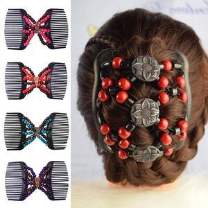 Hair Clips & Barrettes Double Beaded Wood Beads Comb Brush Elastic Headwear Fashion Women Styling Accessories Vintage Stretchy Decoration