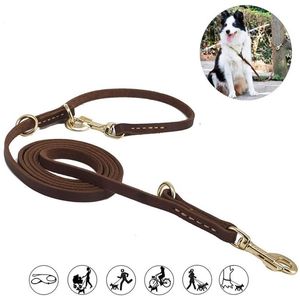 . Multifunções 100% Genuíno Couro Pet Dog Leash Leash Fortes Hands Hands Free Leash Lead for Pequenos Animais Grandes LJ201109