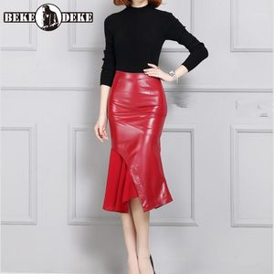 Skirts Women Sheepskin Medium-long Leather Skirt Office Ladies Slim Fit Ruffles Patchwork Wrap Real Pencil Plus Size 4XL1