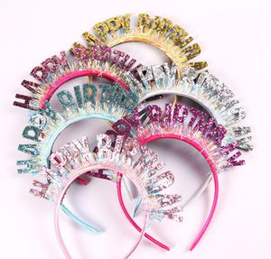 Happy Birthday Girl Fascia per capelli Decorazione per feste Blingbling Glitter Tiara Corona con decorazioni in nappa per bambini e adulti Forniture per feste Rosa Argento Oro Rosa Blu