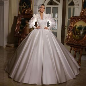 우아한 로얄 볼 가운 웨딩 드레스 긴 소매 레이스 탑 로브 드 Mariage 수제 Satin Vestido de Novia