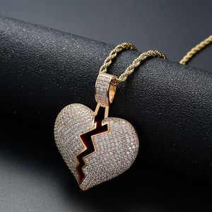 Cool Design Hip Hop Micro Pave Broken Heart Pendant Necklace Man Woman Lovers Gift