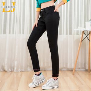 Leijijeans جديد وصول الأزياء الكلاسيكية عارضة تسع نقاط الجينز المطرزة whisker الساقين الأوسط الخصر المرأة زائد حجم الجينز 9199 201105