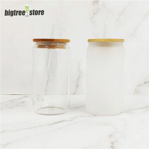16oz Sublimation Glass Beer Mugs Can Shaped Glass Cups Beer Steins Glass Tumbler Drinking Glasses Beer Glasses With Bamboo Lid And Reusable Straw FAST