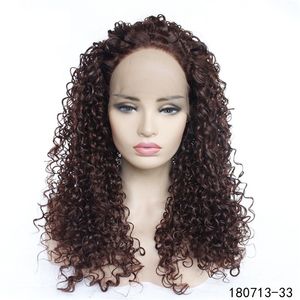 Коричневый цвет странный кудрявый синтетический парик LaceFront 14 ~ 26 дюймов Pelucas высокотемпературные волокна кружева передних париков 180713-33