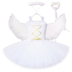 Biały anioł Boże Narodzenie Dress Girls Princess Fairy Sukienki ze skrzydłami Cosplay Costume Dziewczyna Dzieci Tutus Outfit na przyjęcie urodzinowe