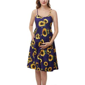 Sommer ärmellose A-Linie Umstandskleider Mama Casual Floral Schwangerschaft mit Taschen Knopf schmeichelnde Passform Frauen schwangeres Kleid G220309