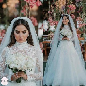 2021 Vintage High Neck Dresses Long ärmar Lace Applique Custom Made Plus Size Sweep Train Wedding Brud Gown Vestido de Novia 401 401