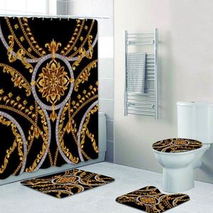 Elegantes schwarz-goldenes Barock-Muster-Duschvorhänge-Set für Badezimmer, Toilette, Heimdekoration, luxuriöser Badvorhang, lange Matten, Teppiche, 180 x 200 F1224