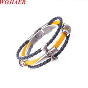 WOJIAER European Fashion Stainless Steel Skull of Cross Multilayer Leather Braid Bracelet Men's Charm Amulet Jewelry BC002