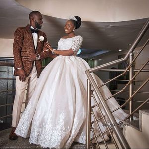 Aso Ebi Ball Gown Wedding Dresses With Short Sleeves Nigeria African Lace Beaded Church Wedding Gowns