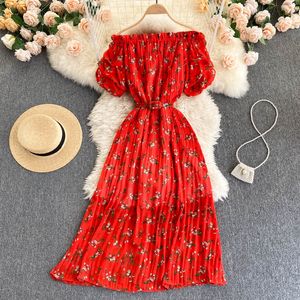 Verão sexy slash neck chiffon vestido plissado feminino férias praia floral impresso drapeado vestidos amarelo/vermelho/branco robe novo 2022