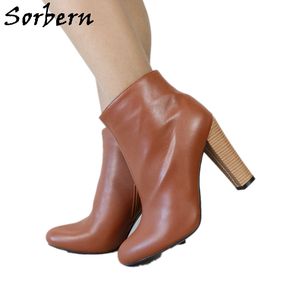 SORBERN BROWN BLOCK HEELの女性ブーツワイドアンクルスタイルサイドジッパーショートブーティチャンキーハイヒールかわいい丸いつま先の靴春