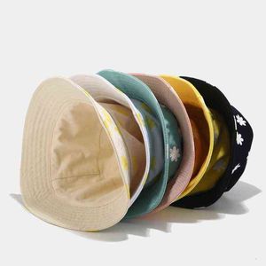 Japanese Unisex Cotton Bucket Hat Small Daisy Flower Print Reversible Bright Candy Color Beach Panama Fisherman Cap G220311
