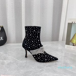 early spring Diamond Fashion Boots for Women Sexy Pointed Toe High Thin Heels Suede Boots Crystal Buckle Runway Elegant temperament Bootss