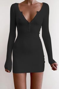 Fashion Sexy Club Deep V-neck Solid Color Spring Autumn Women Mini Dress Temperament Slim Knit Long Sleeve Bodycon Woman Dresses Y0118