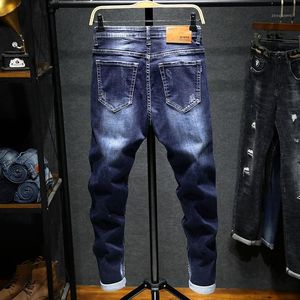 Męskie dżinsy 2022 Elastyczne i nastolatki Dorywczo Spodnie Koreańska wersja Prążki spodnie Blue Clothing Fashion