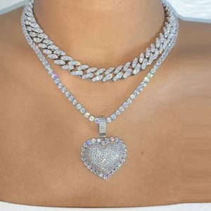 Iced Out Bling Women Jewelry Micro Pave 5a Cz Cubic Zirconia Big Heart Pendant Tennis Chain Sparking Halsband