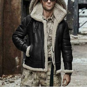 Mäns Vinter Varm Aviator Fur Collar Hooded Coat Faux Leather Jacket Male Fashion Casual Outerwear T200117