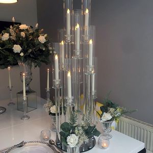 Eleganti tavoli centrali pezzi di cerimonia nuziale candelabra decorazione evento decorazione 10 bracci trasparenti detentori di candela acrilico centrotavola in vendita senyu625