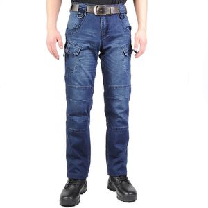 Calças jeans casuais de carga masculina mcikkny com multi-bolos de motos jeans calças militares para homens jeans ao ar livre azul 201117