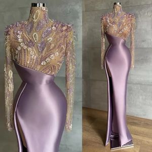 2022 Sexy Front Split Mermaid Prom Dresses for Arabic Women Sheer Neck Long Sleeves Plus Size Formal Evening Occasion Gowns Robe De Soiree