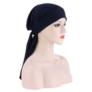 New Women Turban Cap Stretchy Bow-tie Head Scarf Hat Long Tail Wrap Head Bonnet Muslim Inner Hijab Female Turban Scarf
