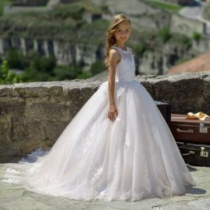 新しい花の女の子の結婚式の花嫁介添人ドレスビーズの装飾ロングレースのドレスフラワーガールパーティードレス