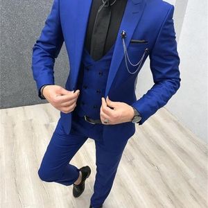 Tre pezzi blu royal uomo con risvolto a punta smoking da sposa su misura abiti da uomo slim fit (pantaloni giacca + gilet + cravatta) 201027