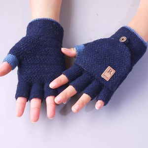 9-16 Years Old Boys Gloves Winter Kids Half Finger Flip Cover Warm Knitted Stretch Touch Screen Students Writing Driving Sports1