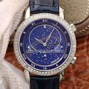 Najwyższej jakości 43mm Grand Powikłania Celestial Sky Moon Diamond Cal.240 Automatyczny Zegarek Mężczyzna 5102 Niebieski Dial Skórzany Pasek Gents Zegarki