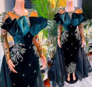 2022 Plus Size Arabski ASO EBI Ciemnozielony Luksusowy Prom Dresses Zroszony Kryształy Aksamitna Wieczór Formalna Party Druga Recepcja Gowns Suknia Z466