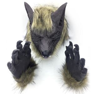 Cosplay Latex Gummi Vollgesichts Werwolf Maske Handschuhe Set Tierkopf Gruselige Halloween Horror Teufel Maske Festival Party Dekoration Y200103