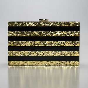 Kvällspåse Guld Sequins Akryl Stripe Koppling Lyxig Kvinna Unik Kedja Skulderväska Bröllopsfest Prom Handväskor Purses